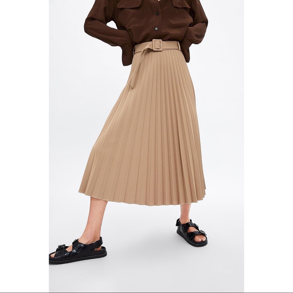 Zara Camel Pleated Belted Midi Skirt